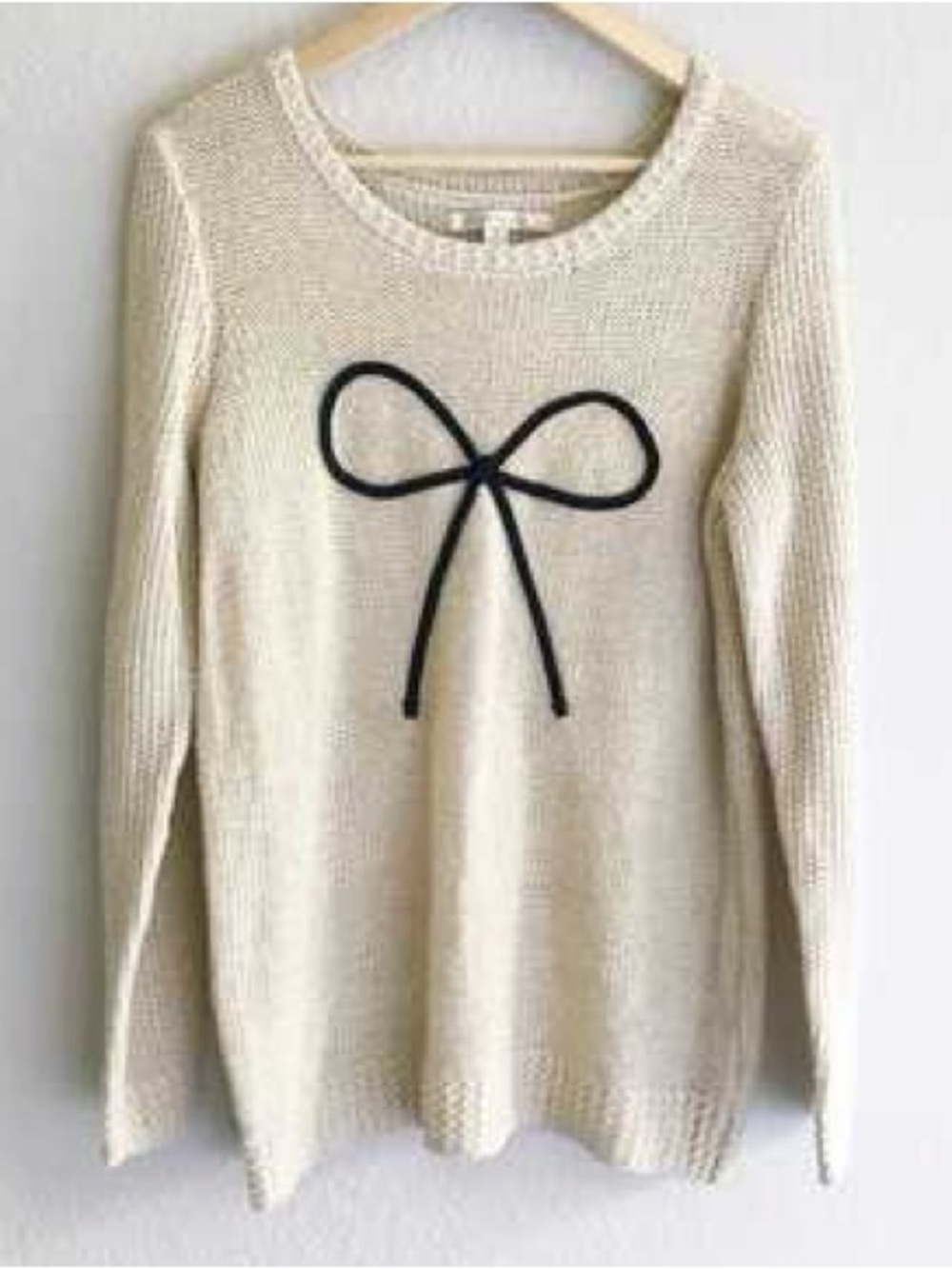 LC Lauren Conrad Cream Crewneck Sweater with Black Bow Accent